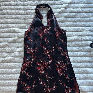 Black Red Satin Halter Mini Dress Asian Inspired Y2K